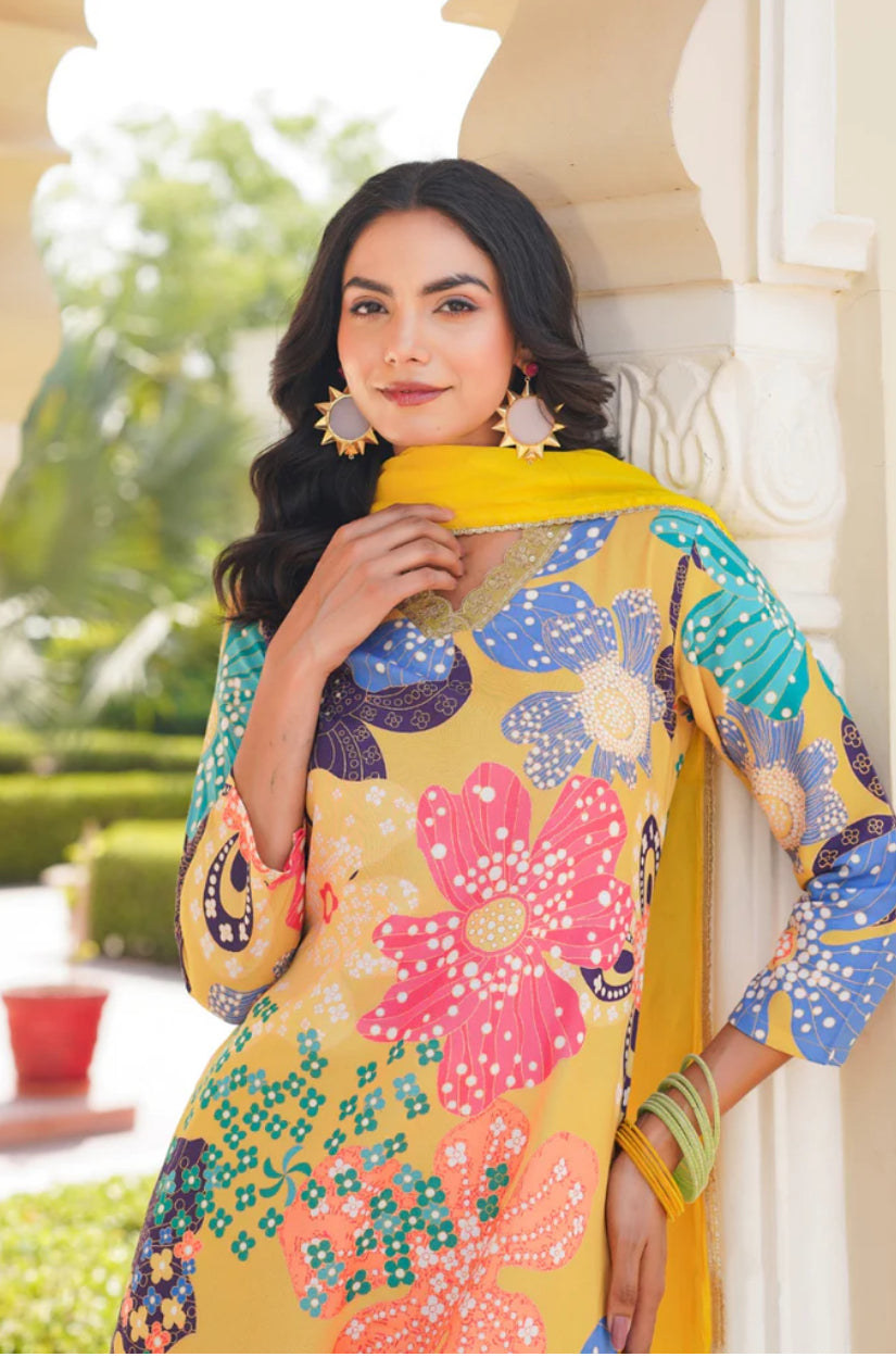 Yellow Floral Printed Rayon Blend Straight Suit Set
