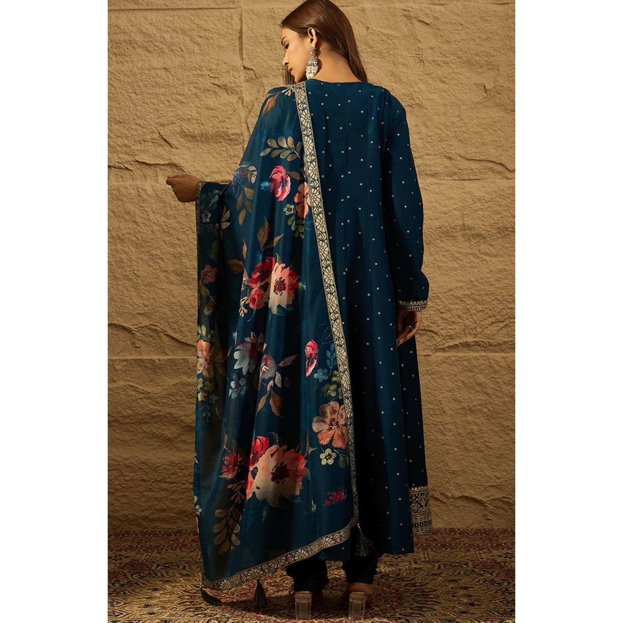 Blue Pure Silk Bandhani Embroidered Anarkali Kurta Set