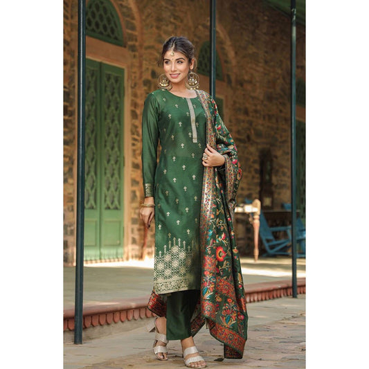 Green Silk Blend Ethnic Motifs Straight Kurta Set