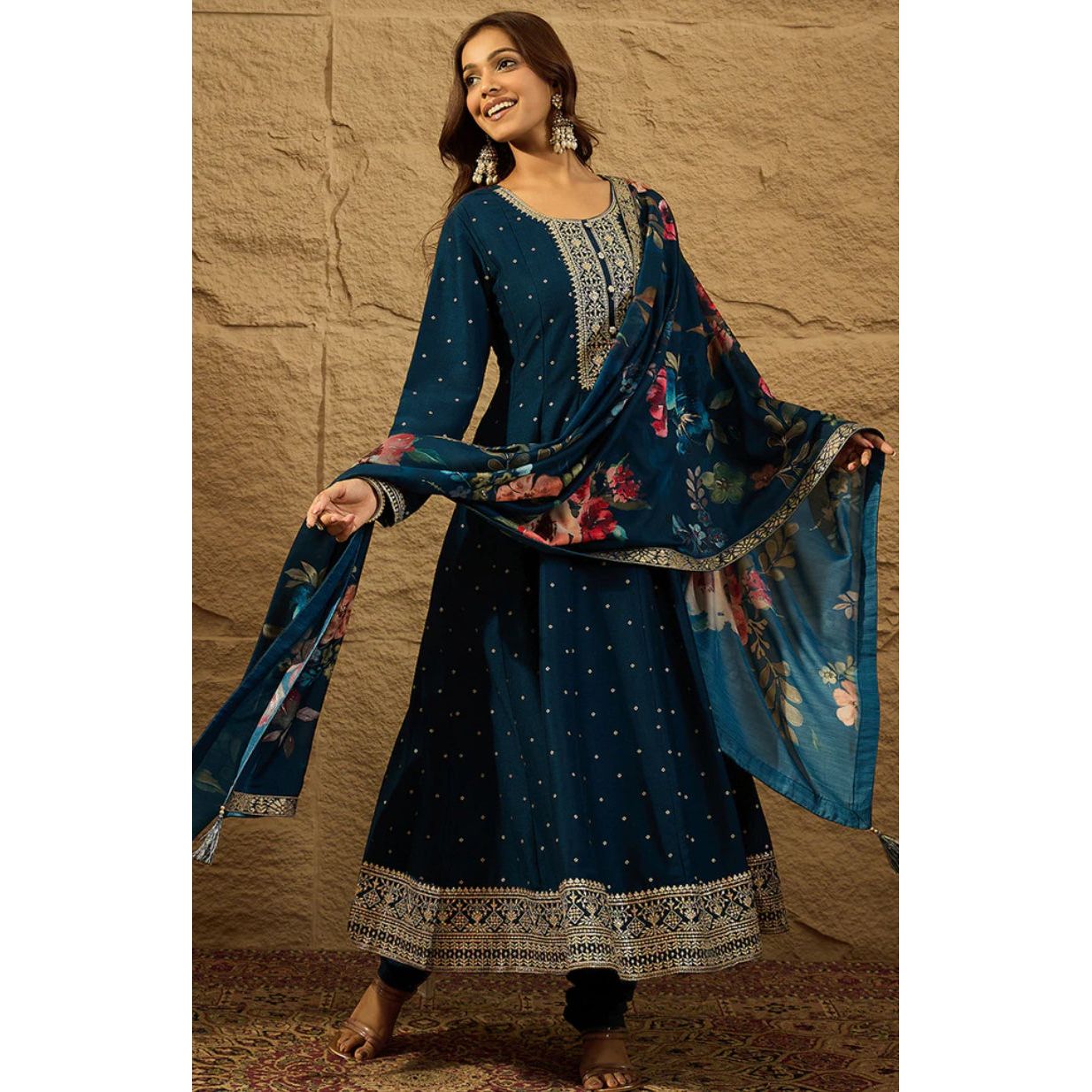 Blue Pure Silk Bandhani Embroidered Anarkali Kurta Set