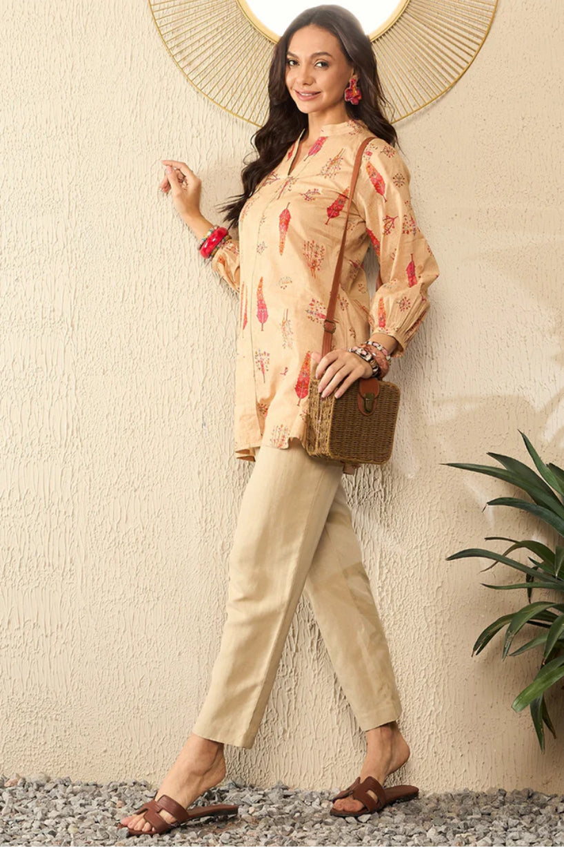 Beige Cotton Blend Floral Printed Regular Top