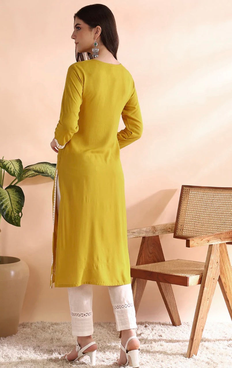 Mustard Yellow Chikankari Straight Kurta