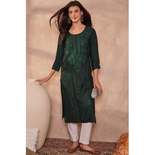 Green Floral Embroidered Viscose Rayon Kurti