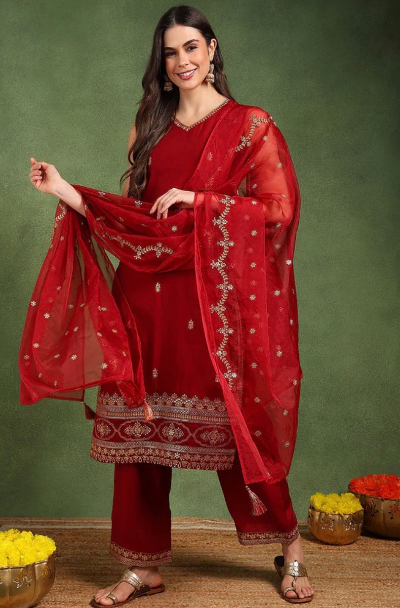 Maroon Silk Blend Embroidered Palazzo Kurta Set