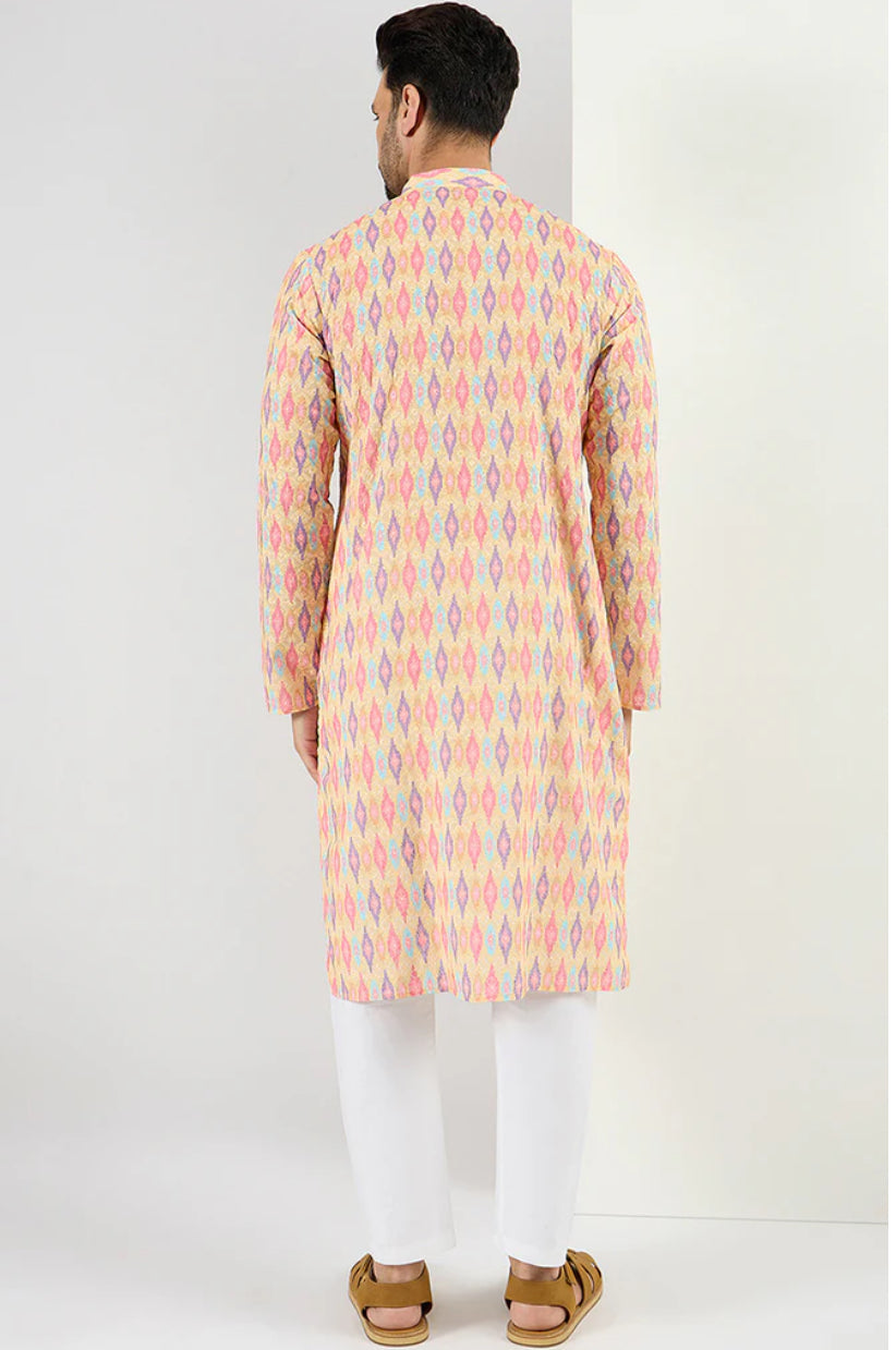 Yellow Abstract Embroidered Chikankari Straight Kurta for Men