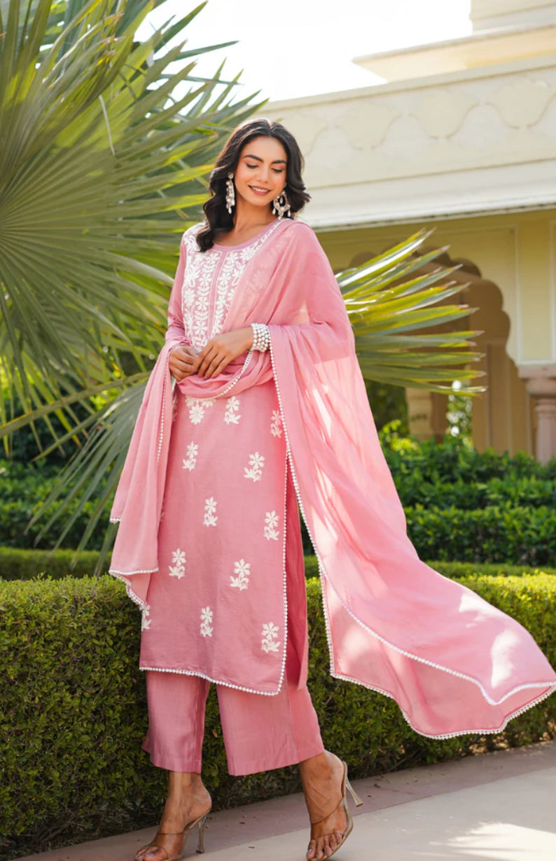 Pink Viscose Solid Embroidered Straight Kurta Palazzo With Dupatta