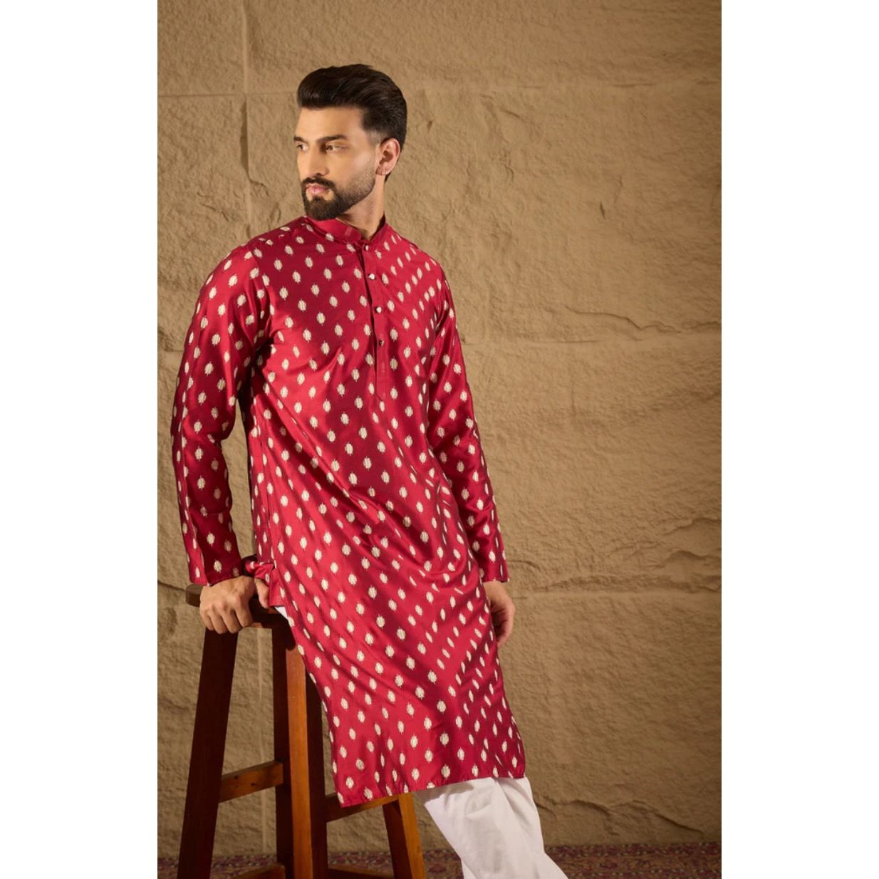 Maroon Silk Ikat Printed Straight Kurta