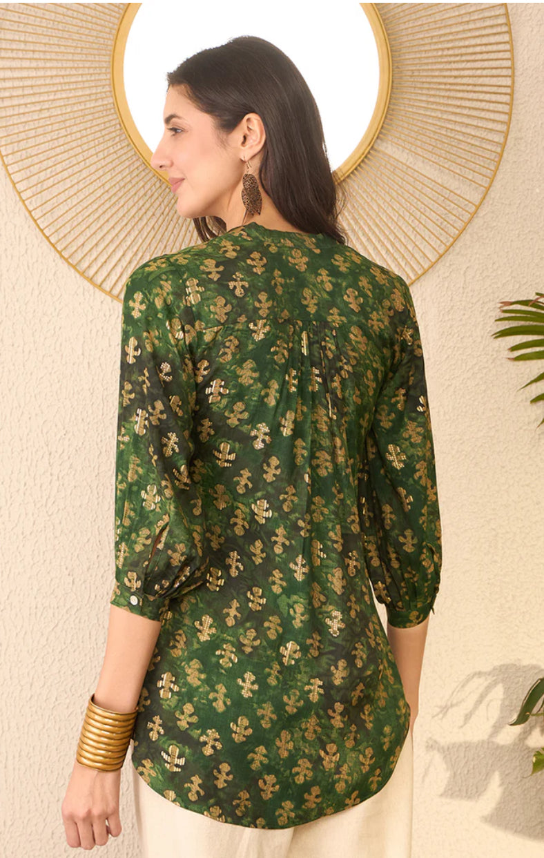 Green Cotton Blend Ethnic Motifs Printed Regular Top