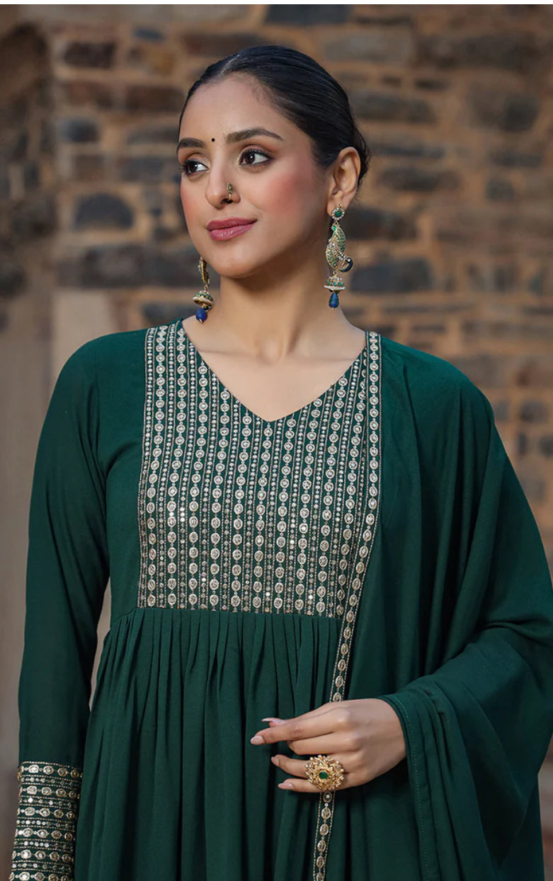Green Georgette Solid Anarkali Suit Set