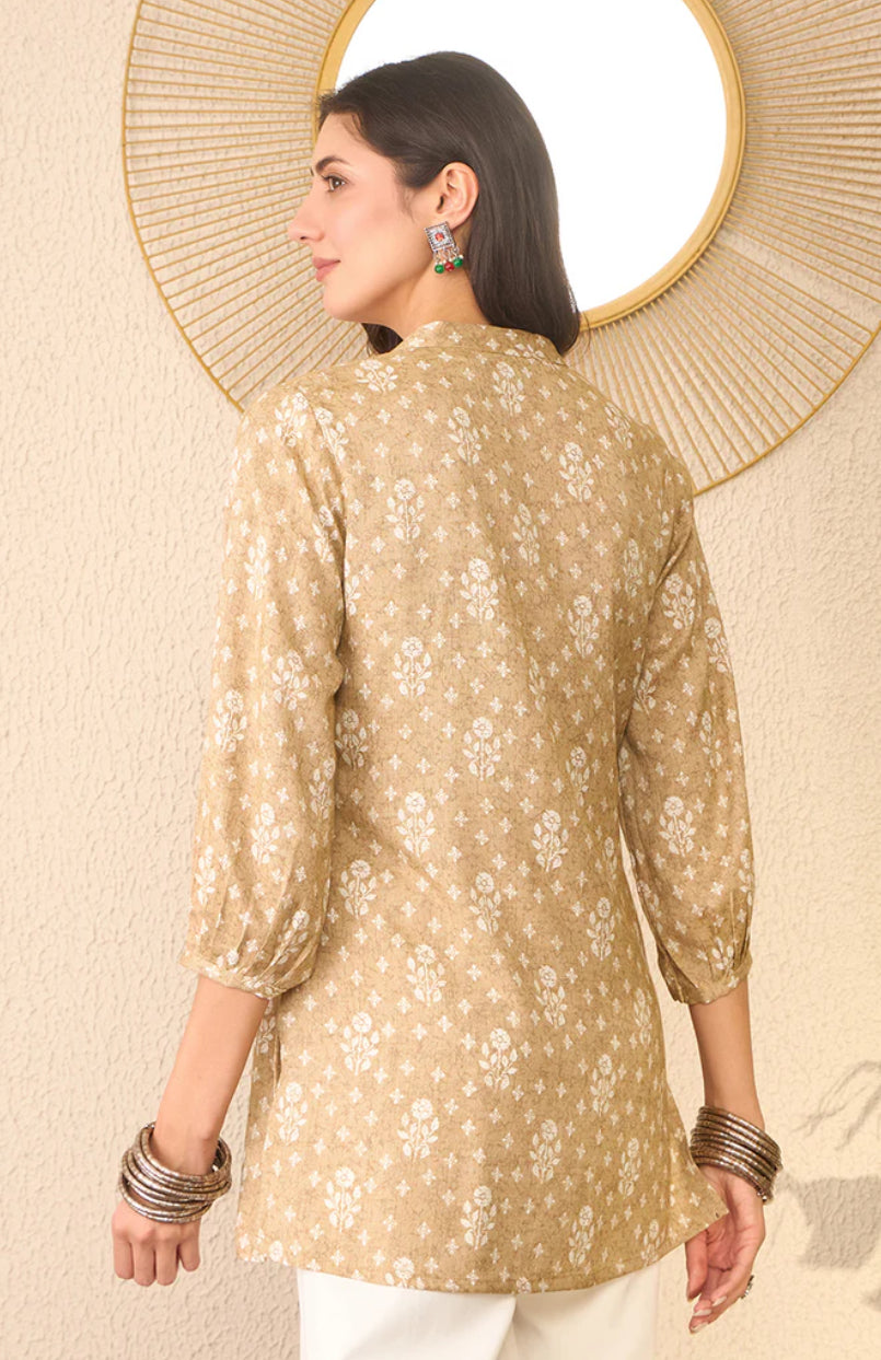 Beige Cotton Blend Floral Printed Regular Top