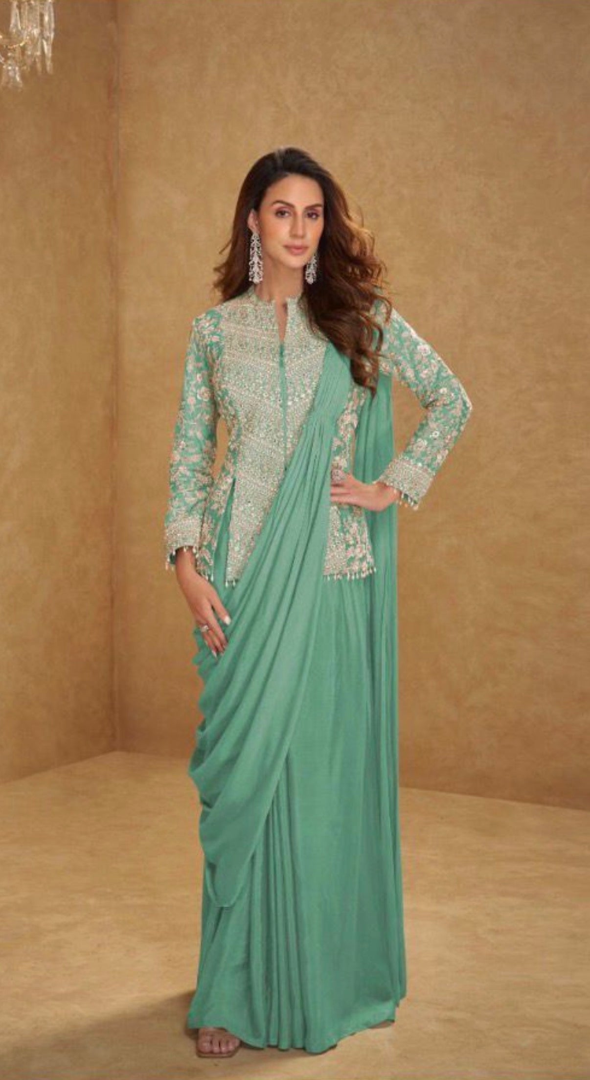 Sea Green Embroidered Top with Skirt : Party Wear