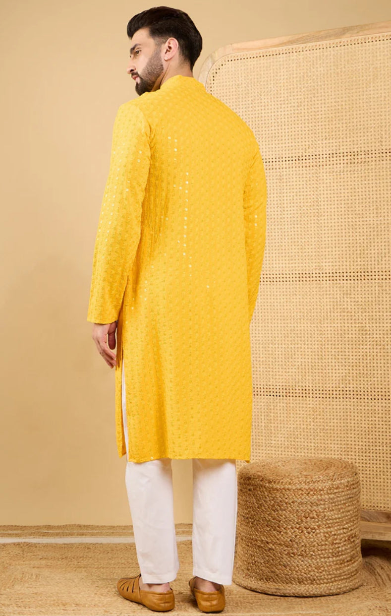Yellow Embroidered Chikankari Kurta for Men