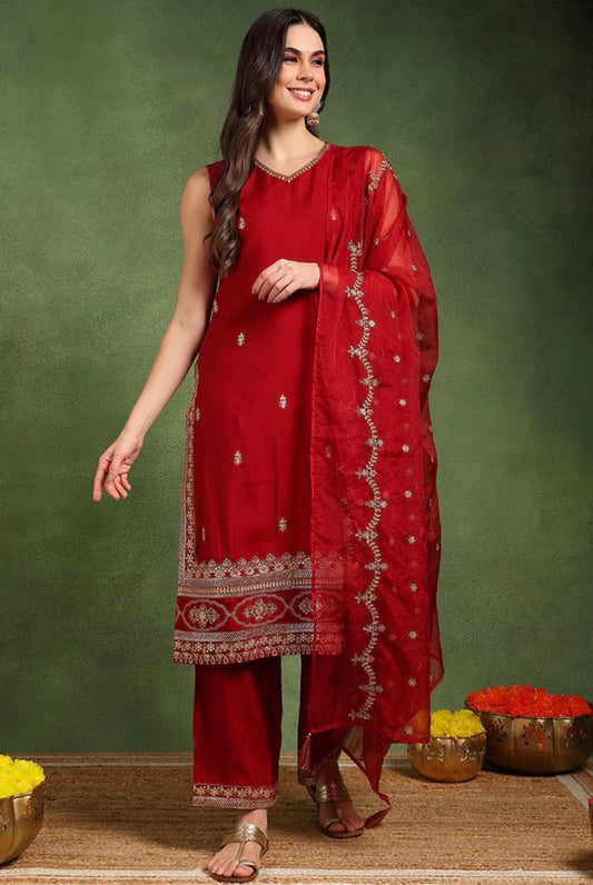 Maroon Silk Blend Embroidered Palazzo Kurta Set