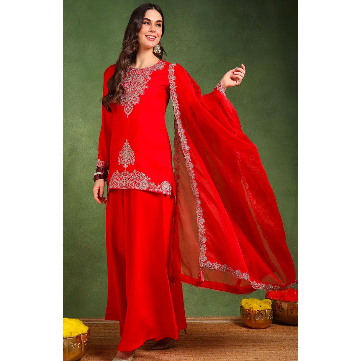 Red Silk Blend Embroidered Kurta Set for Women