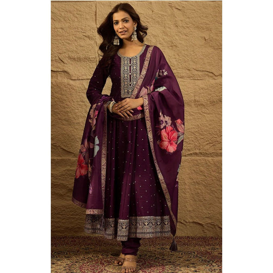 Purple and Gold Embroidered Anarkali Kurta Set