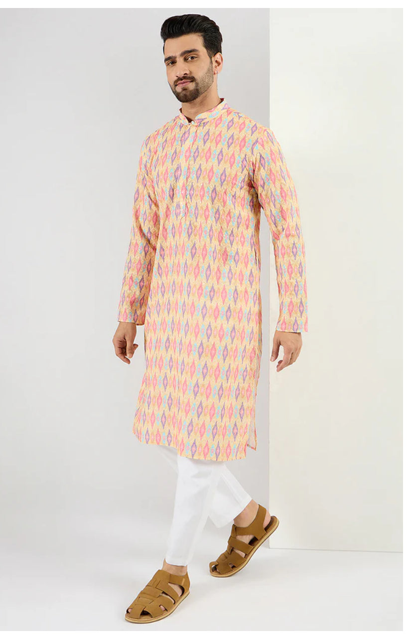 Yellow Abstract Embroidered Chikankari Straight Kurta for Men