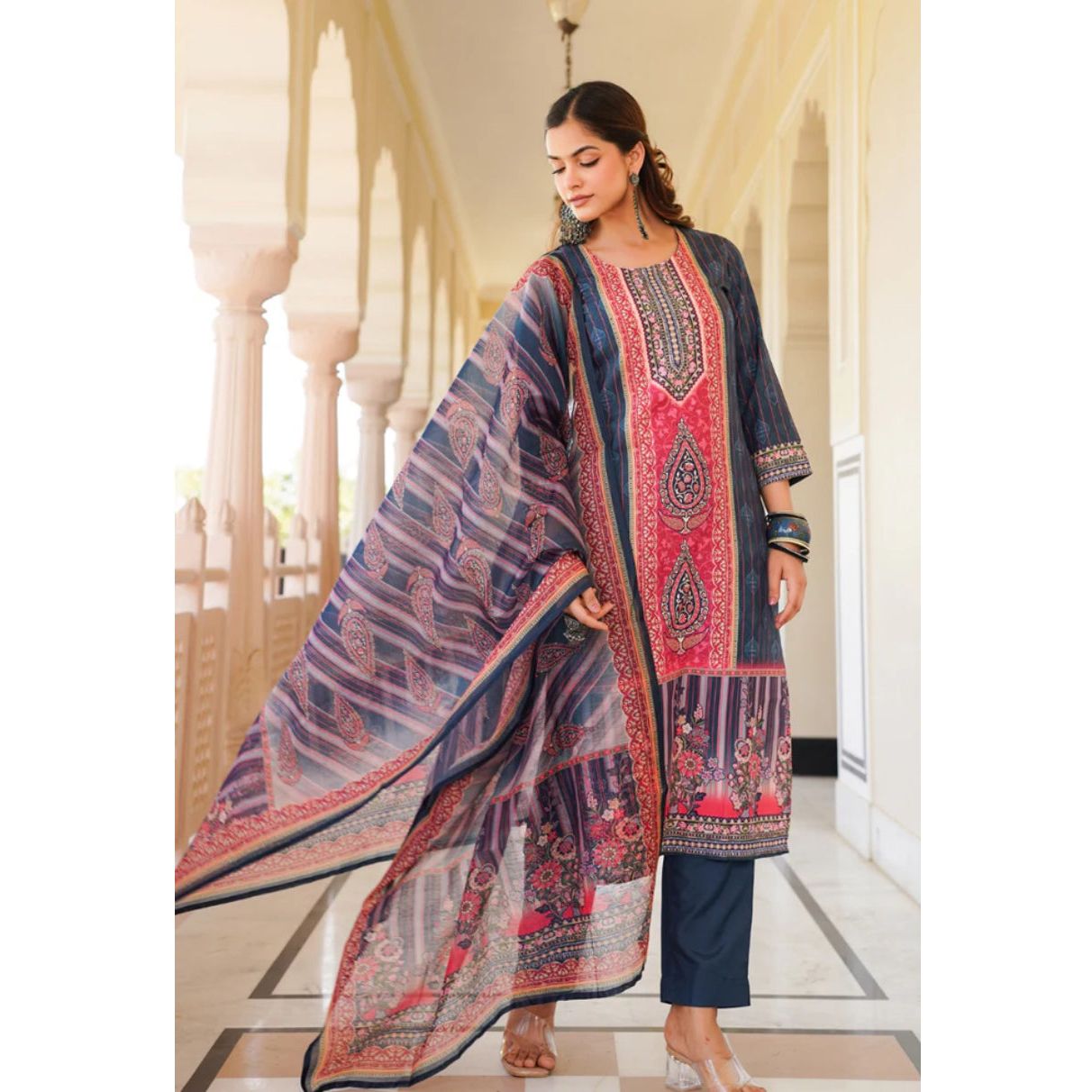 Blue Rayon Blend Ethnic Motifs Printed Straight Kurta Trouser With Dupatta