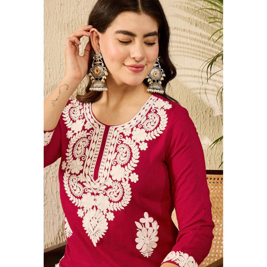 Red Viscose Rayon Solid Embroidered Chikankari Straight Kurta