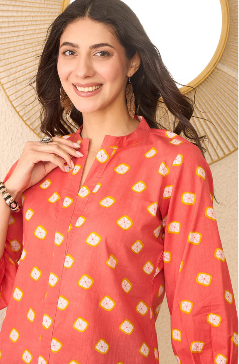 Orange Cotton Blend Shibori Printed Regular Top