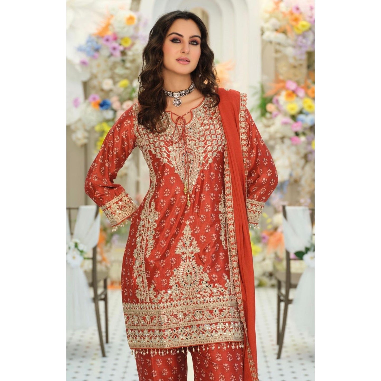 Pre-Order: Embroidered Chinon Kurta Set with Palazzo & Dupatta (Multiple Colors | XXL–3XL)