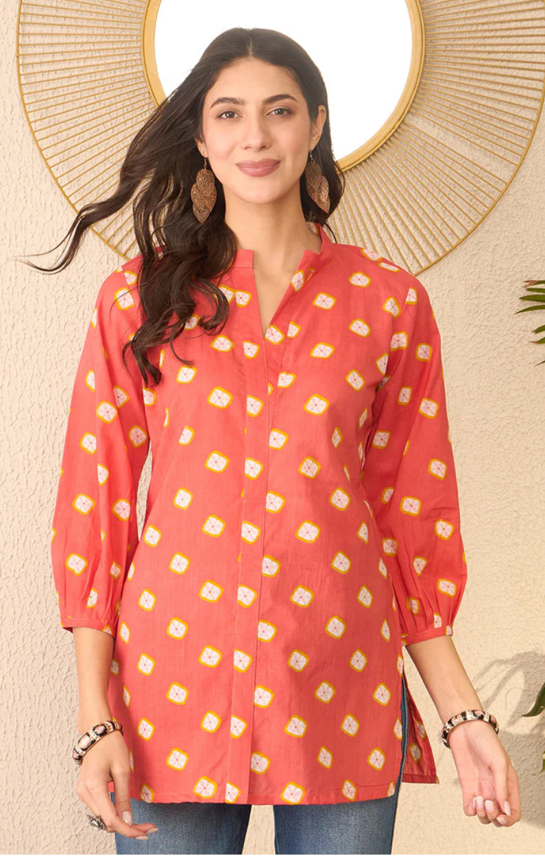 Orange Cotton Blend Shibori Printed Regular Top