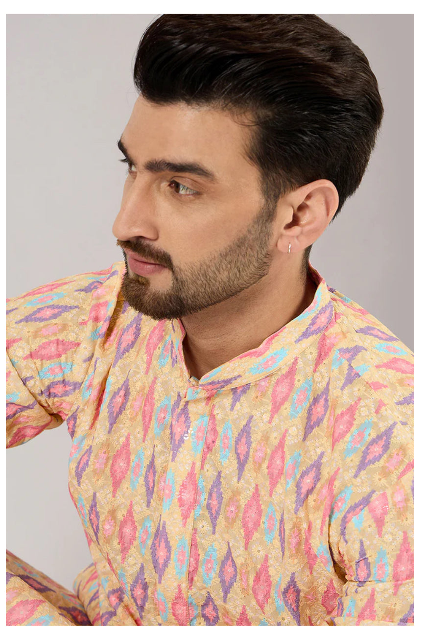 Yellow Abstract Embroidered Chikankari Straight Kurta for Men