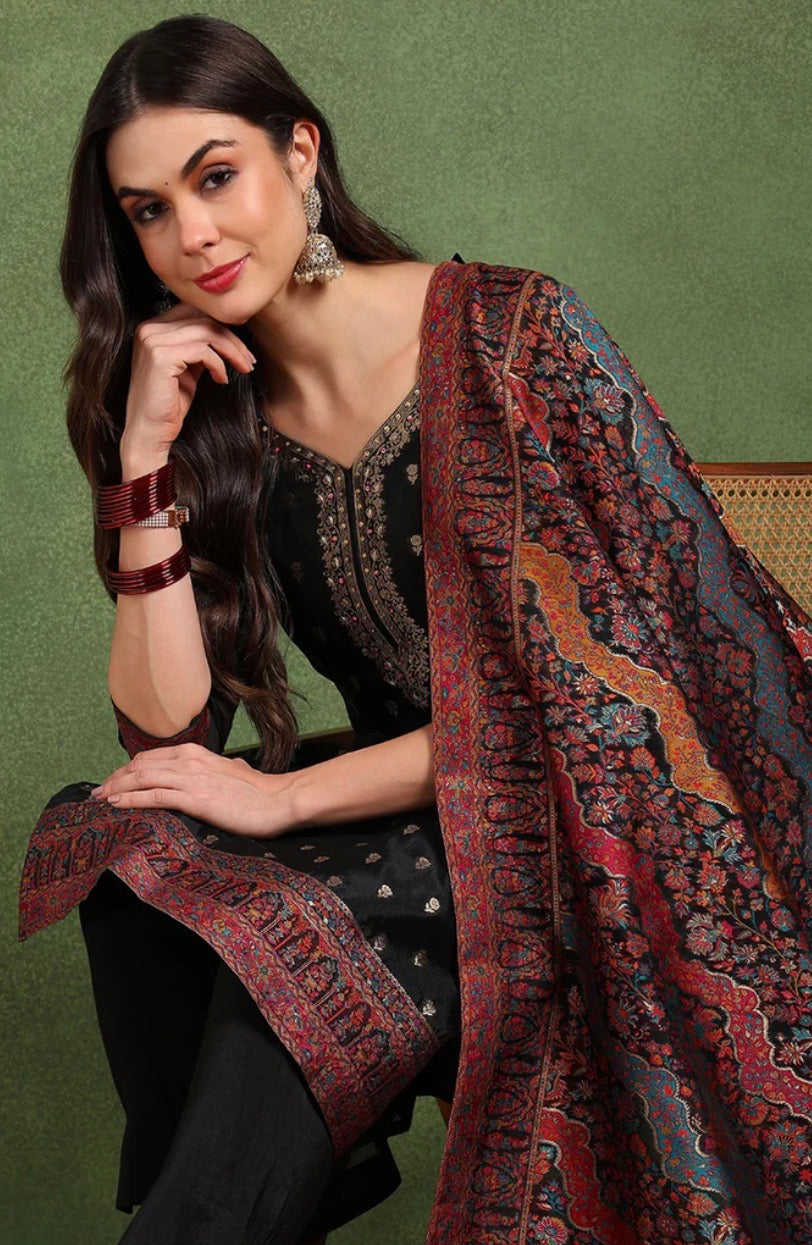 Black Silk Blend Solid Woven Design Straight Trouser Suit Set