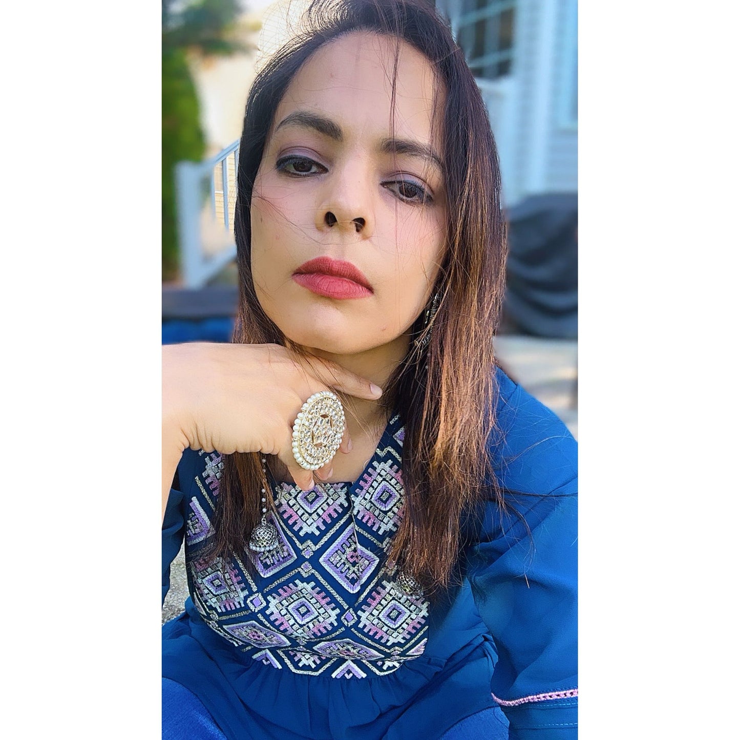 Blue Short Kurti with Embroidered Yolk