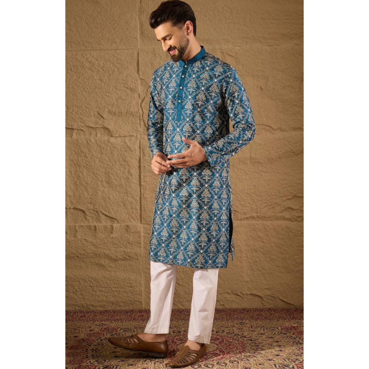 Blue Silk Floral Printed Straight Kurta