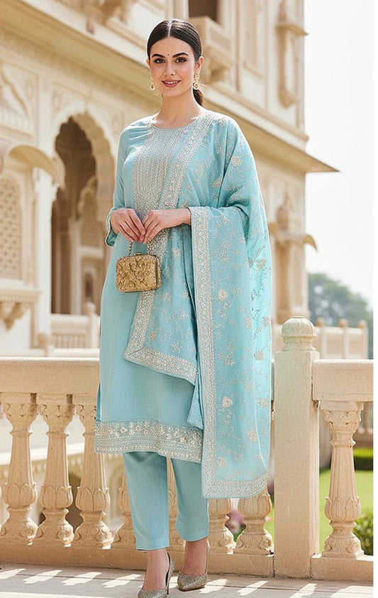 Blue Silk Blend Kurta Set With Dupatta