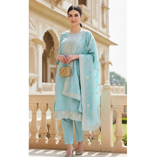 Blue Silk Blend Kurta Set With Dupatta