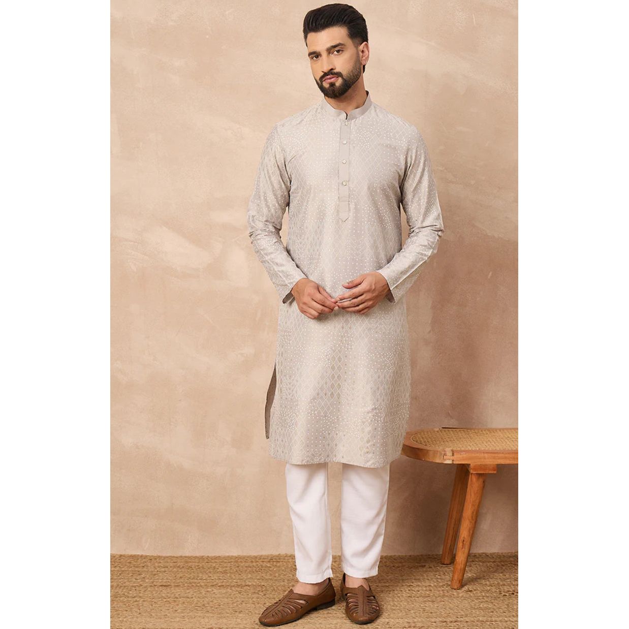 Grey Silk Geometric Printed Straight Kurta