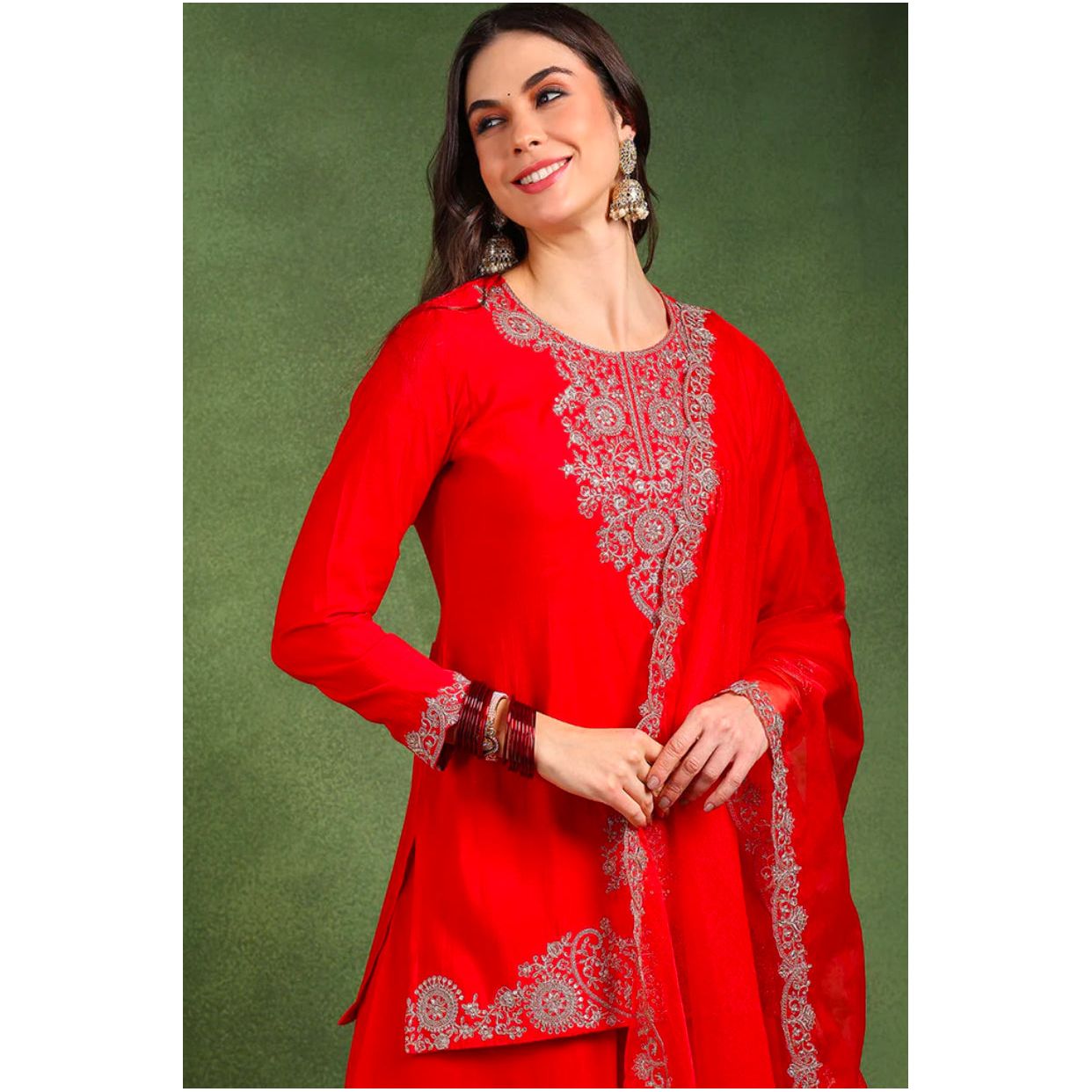 Red Silk Blend Embroidered Kurta Set for Women