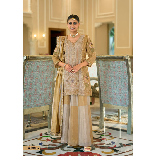 Champagne Gold Viscose Kanjivaram Palazzo Set with Dupatta