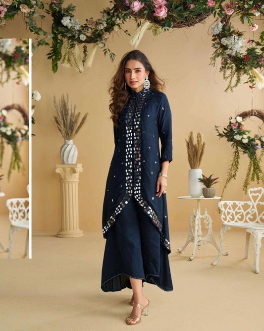 Premium Micro Cotton Silk Kurta Set with Embellished Mirror Work: Navy Blue