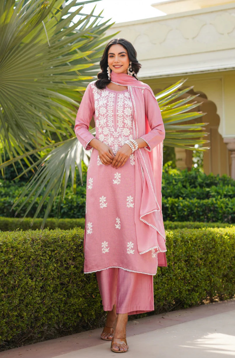 Pink Viscose Solid Embroidered Straight Kurta Palazzo With Dupatta