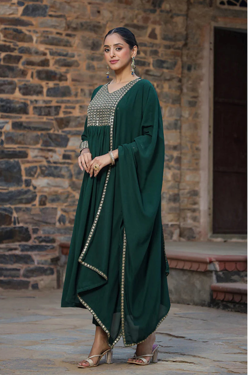 Green Georgette Solid Anarkali Suit Set