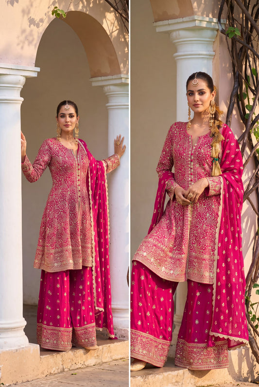 Embroidered Georgette Palazzo Suit with Dupatta – Pink, Purple & Yellow