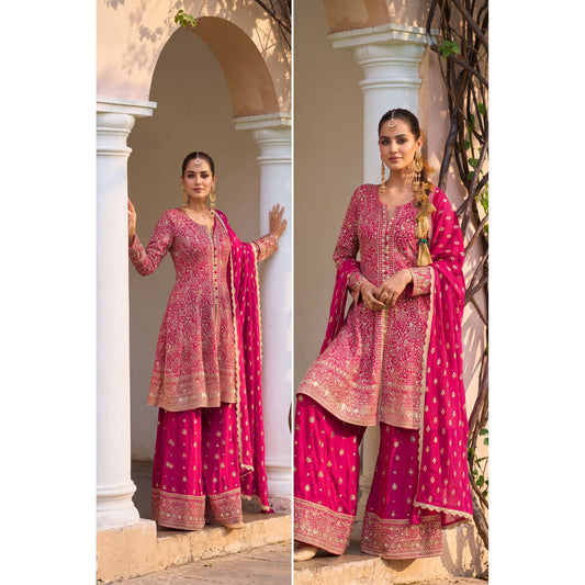 Embroidered Georgette Palazzo Suit with Dupatta – Pink, Purple & Yellow