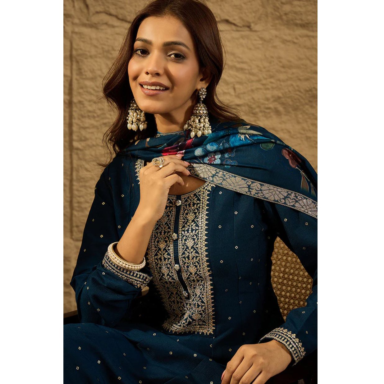 Blue Pure Silk Bandhani Embroidered Anarkali Kurta Set