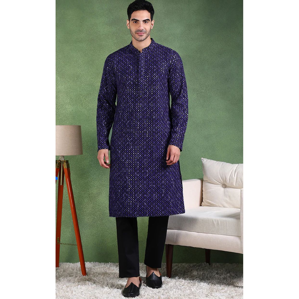 Blue Viscose Rayon Ethnic Motifs Embroidered Straight Kurta For Men