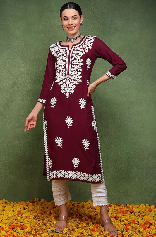Chikankari Kurta : Burgundy