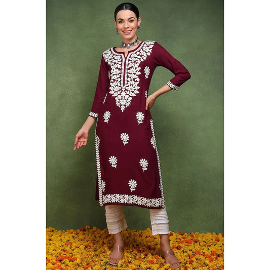 Chikankari Kurta : Burgundy