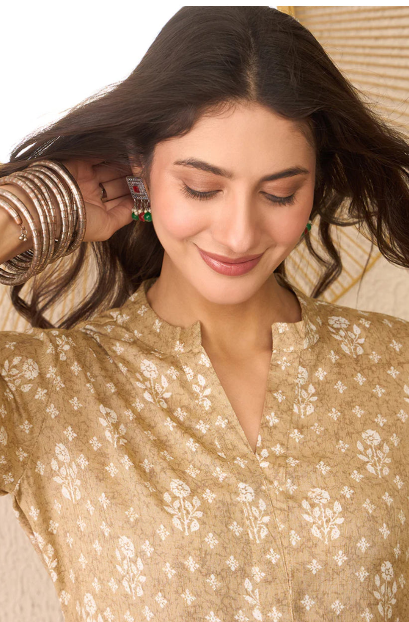 Beige Cotton Blend Floral Printed Regular Top