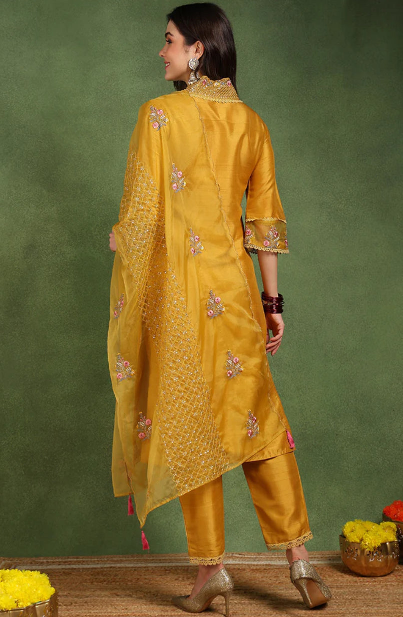 Yellow Silk Blend Floral Embroidered Straight Suit Set