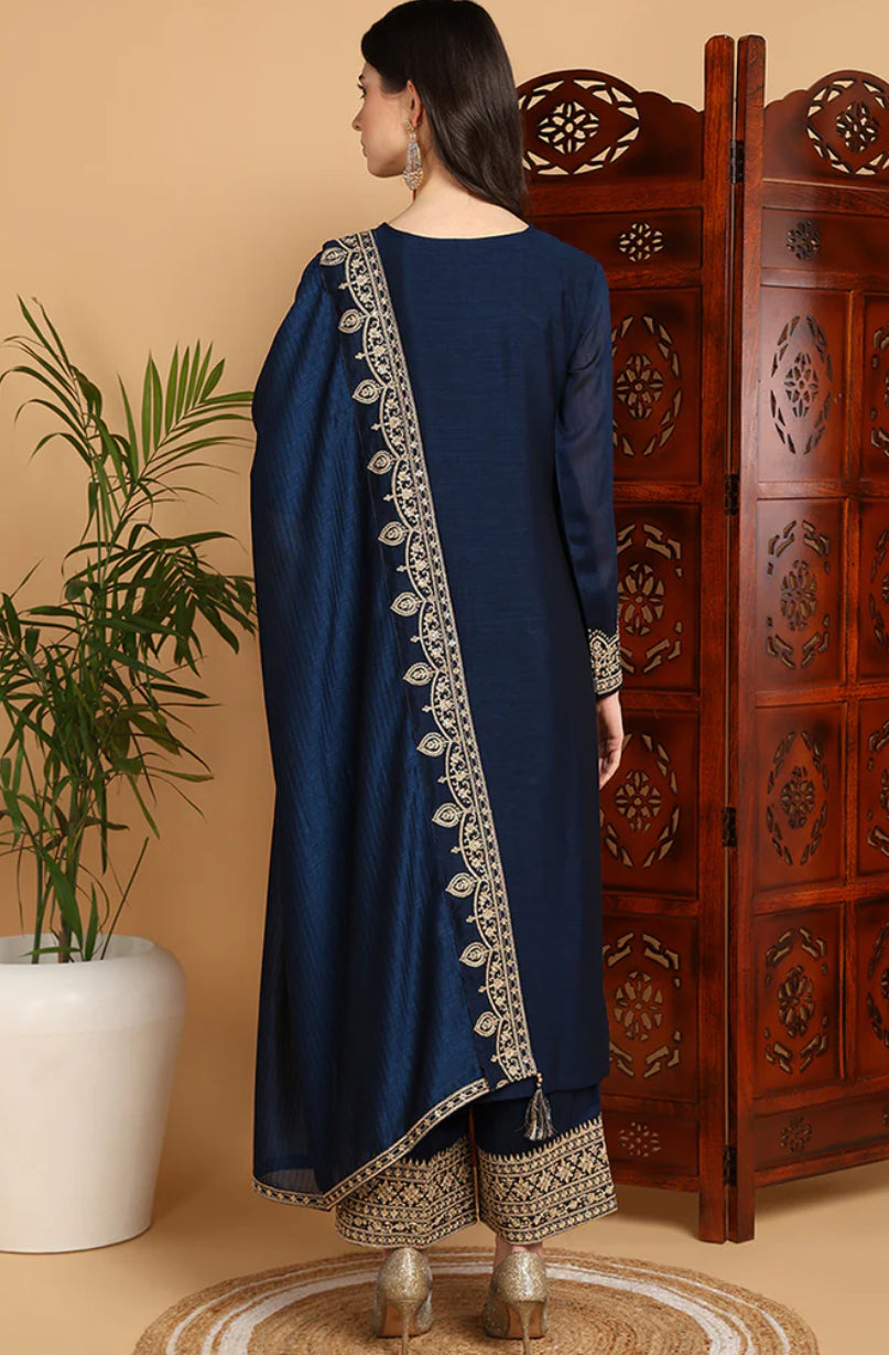 Navy Blue Silk Blend Solid Embroidered Straight Suit Set