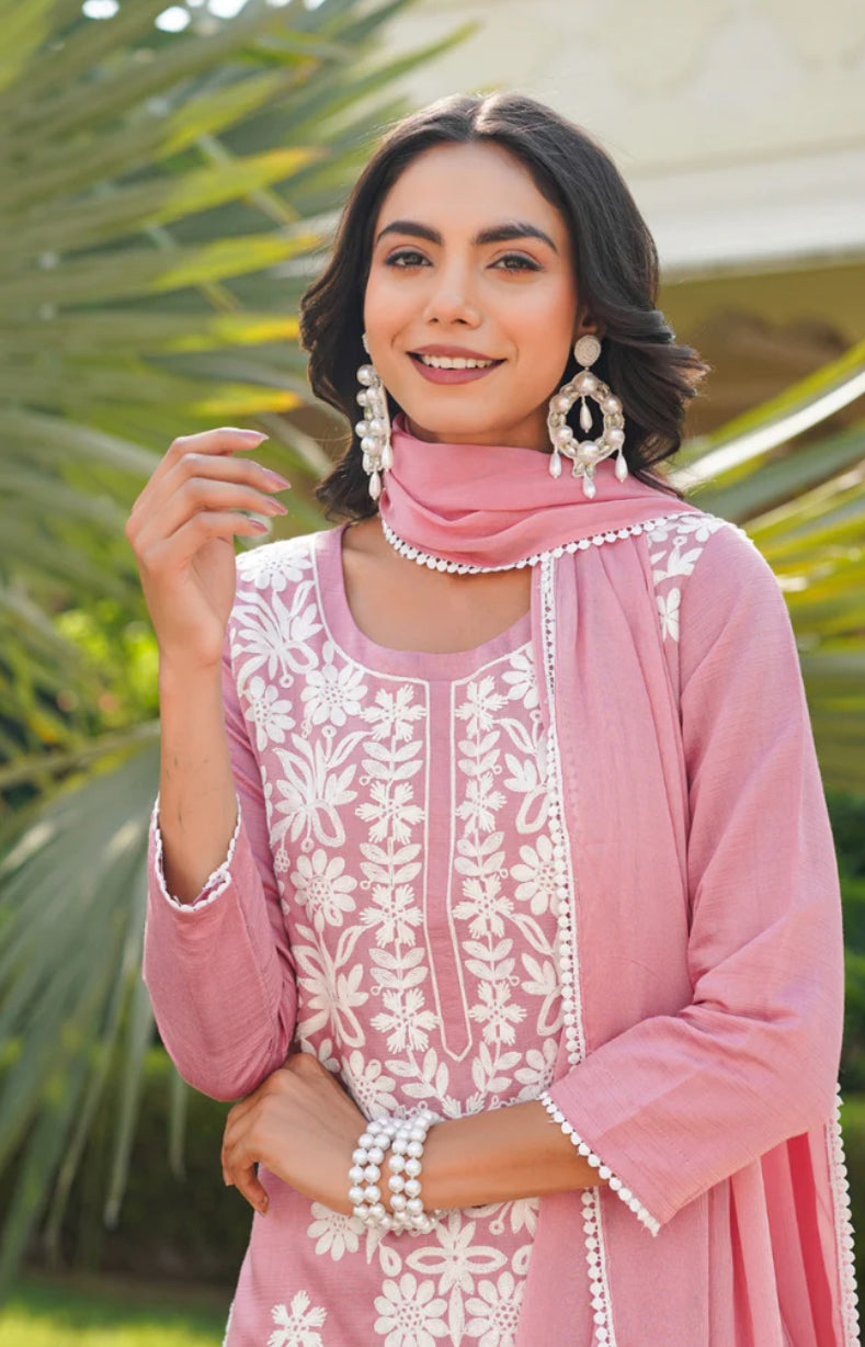 Pink Viscose Solid Embroidered Straight Kurta Palazzo With Dupatta