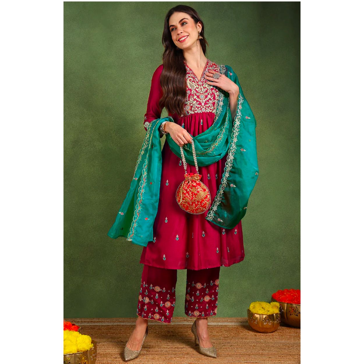 Red Silk Blend Flared Kurta Set