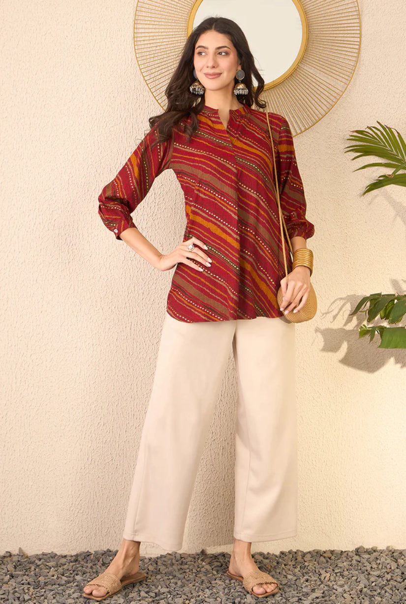 Red Cotton Blend Leheriya Printed Tunic Top