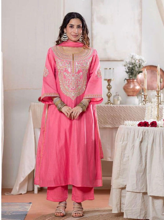 Gold Embroidered Pink Cotton Kurta Set